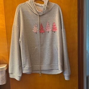 SHEIN Gray Waffle Knit Hoodie with Pink Christmas Tree Pattern